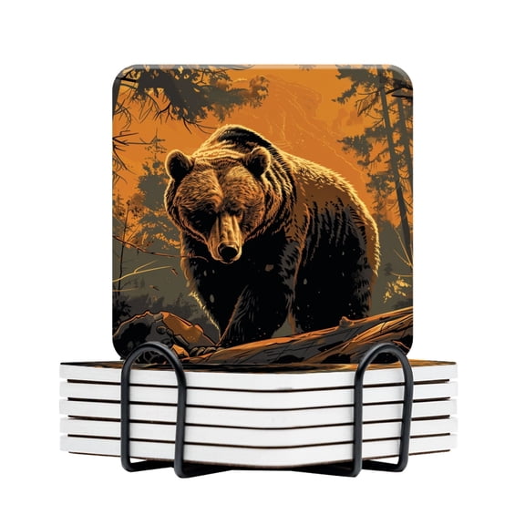 BaHomeck Drink Coasters Set Of 6 With Holder Grizzly Bear Standing In The Forest Water Absorbent Ceramic Coasters Tabletop Protection,Suitable For Various Cup,Home Decor