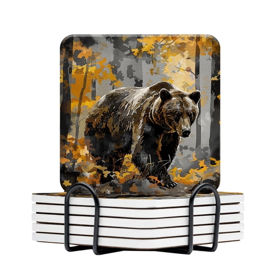 BaHomeck Drink Coasters Set Of 6 With Holder Grizzly Bear Walking Through Autumn Forest Water Absorbent Ceramic Coasters Tabletop Protection,Suitable For Various Cup,Home Decor