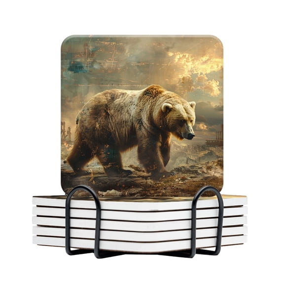 BaHomeck Drink Coasters Set Of 6 With Holder Grizzly Bear Walking Through Landscape Water Absorbent Ceramic Coasters Tabletop Protection,Suitable For Various Cup,Home Decor