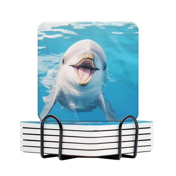 BaHomeck Drink Coasters Set Of 6 With Holder Happy Dolphin With Open Mouth In Blue Water Water Absorbent Ceramic Coasters Tabletop Protection,Suitable For Various Cup,Home Decor