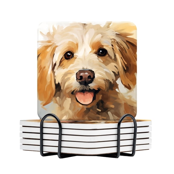 BaHomeck Drink Coasters Set Of 6 With Holder Happy Golden Doodle Water Absorbent Ceramic Coasters Tabletop Protection,Suitable For Various Cup,Home Decor