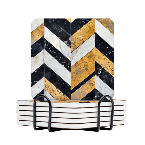 BaHomeck Drink Coasters Set Of 6 With Holder Herringbone Pattern Made Of Black And White Marble Tiles Water Absorbent Ceramic Coasters Tabletop Protection,Suitable For Various Cup,Home Decor