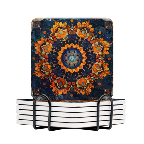 BaHomeck Drink Coasters Set Of 6 With Holder Highly Detailed And Intricate Abstract Mandala Water Absorbent Ceramic Coasters Tabletop Protection,Suitable For Various Cup,Home Decor