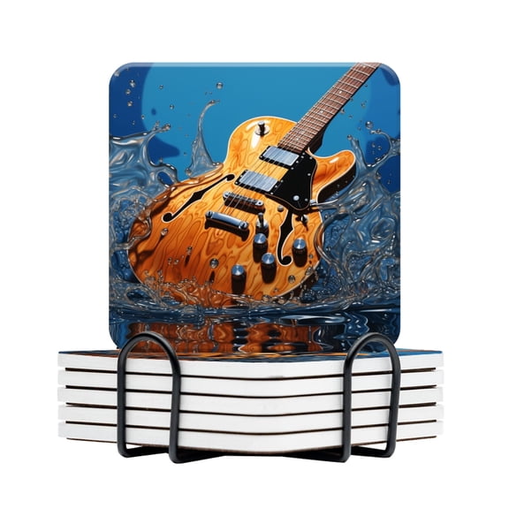 BaHomeck Drink Coasters Set Of 6 With Holder Hyper-Realistic Photo Of Electric Guitar With Wood Grain Water Absorbent Ceramic Coasters Tabletop Protection,Suitable For Various Cup,Home Decor