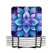 BaHomeck Drink Coasters Set Of 6 With Holder Intricate Mandala Design With Purple And Blue Hues Water Absorbent Ceramic Coasters Tabletop Protection,Suitable For Various Cup,Home Decor