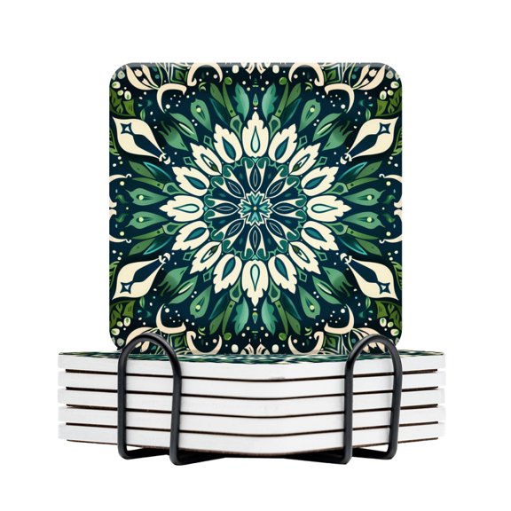 BaHomeck Drink Coasters Set Of 6 With Holder Intricate Pattern With Symmetrical Mandala Shapes Water Absorbent Ceramic Coasters Tabletop Protection,Suitable For Various Cup,Home Decor