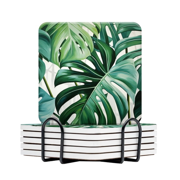 BaHomeck Drink Coasters Set Of 6 With Holder Large Monstera Leaves With White Background Water Absorbent Ceramic Coasters Tabletop Protection,Suitable For Various Cup,Home Decor