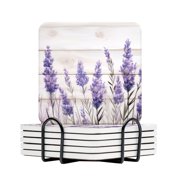 BaHomeck Drink Coasters Set Of 6 With Holder Lavender Flowers On White Wooden Surface With Soft Purple Hues Water Absorbent Ceramic Coasters Tabletop Protection,Suitable For Various Cup,Home Decor