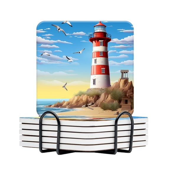 BaHomeck Drink Coasters Set Of 6 With Holder Lighthouse On The Beach With Seagulls In The Sky Water Absorbent Ceramic Coasters Tabletop Protection,Suitable For Various Cup,Home Decor