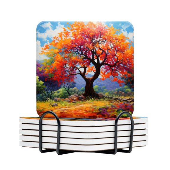BaHomeck Drink Coasters Set Of 6 With Holder Magical Tree With Colorful Leaves In The Middle Water Absorbent Ceramic Coasters Tabletop Protection,Suitable For Various Cup,Home Decor