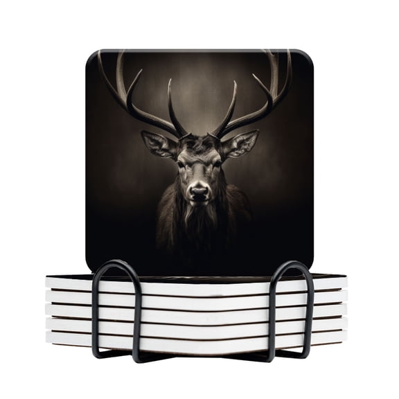 BaHomeck Drink Coasters Set Of 6 With Holder Majestic Deer With Antlers Water Absorbent Ceramic Coasters Tabletop Protection,Suitable For Various Cup,Home Decor