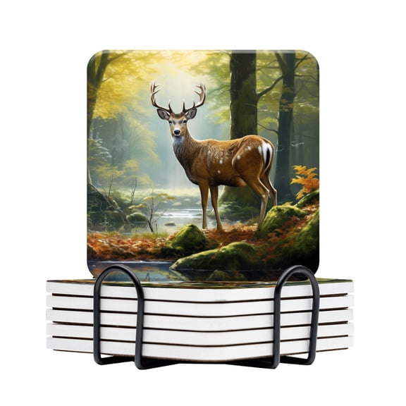 BaHomeck Drink Coasters Set Of 6 With Holder Majestic Deer Standing In The Heart Of Forest Water Absorbent Ceramic Coasters Tabletop Protection,Suitable For Various Cup,Home Decor