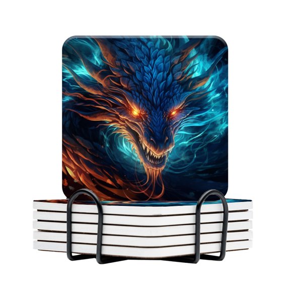 BaHomeck Drink Coasters Set Of 6 With Holder Majestic Dragon With Vibrant Blue And Orange Scales Water Absorbent Ceramic Coasters Tabletop Protection,Suitable For Various Cup,Home Decor