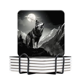 BaHomeck Drink Coasters Set Of 6 With Holder Majestic Wolf Standing On The Edge Of Alpine Mountain Range Water Absorbent Ceramic Coasters Tabletop Protection,Suitable For Various Cup,Home Decor