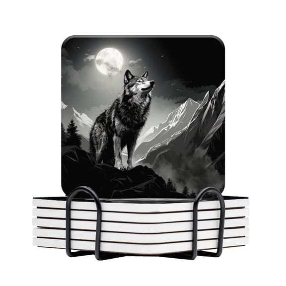 BaHomeck Drink Coasters Set Of 6 With Holder Majestic Wolf Standing On The Edge Of Alpine Mountain Range Water Absorbent Ceramic Coasters Tabletop Protection,Suitable For Various Cup,Home Decor