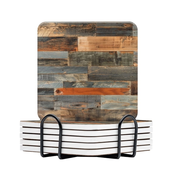 BaHomeck Drink Coasters Set Of 6 With Holder Mixed Wood Wall Cladding With Various Types Of Planks Water Absorbent Ceramic Coasters Tabletop Protection,Suitable For Various Cup,Home Decor