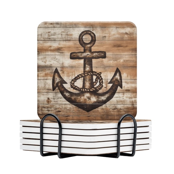 BaHomeck Drink Coasters Set Of 6 With Holder Nautical Anchor On Distressed Wood Water Absorbent Ceramic Coasters Tabletop Protection,Suitable For Various Cup,Home Decor
