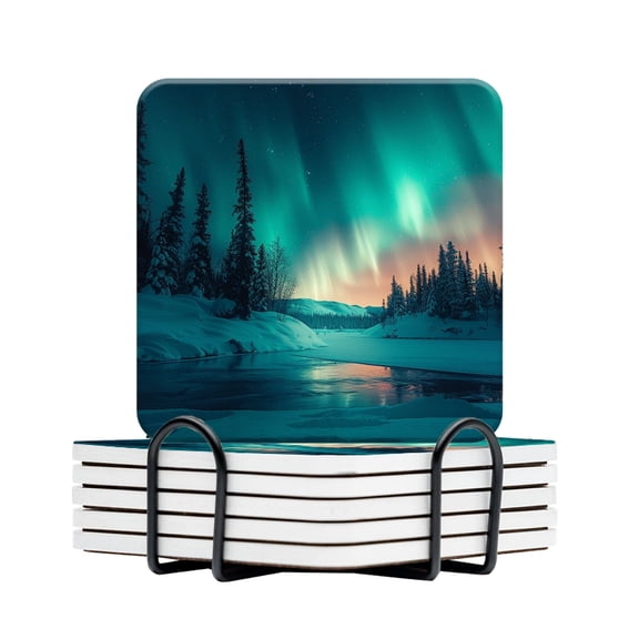 BaHomeck Drink Coasters Set Of 6 With Holder The Northern Lights Dancing Above Snow-Covered Forests Water Absorbent Ceramic Coasters Tabletop Protection,Suitable For Various Cup,Home Decor
