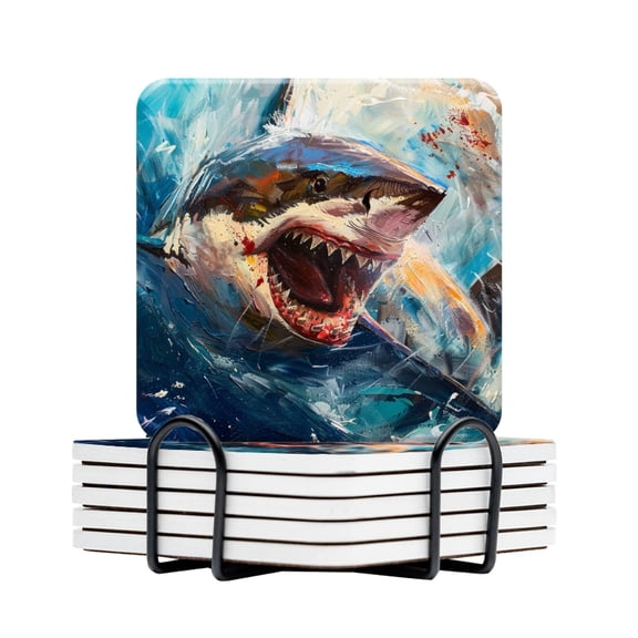 BaHomeck Drink Coasters Set Of 6 With Holder Oil Painting Of Great White Shark With Open Mouth And Bared Teeth Water Absorbent Ceramic Coasters Tabletop Protection,Suitable For Various Cup,Home Decor