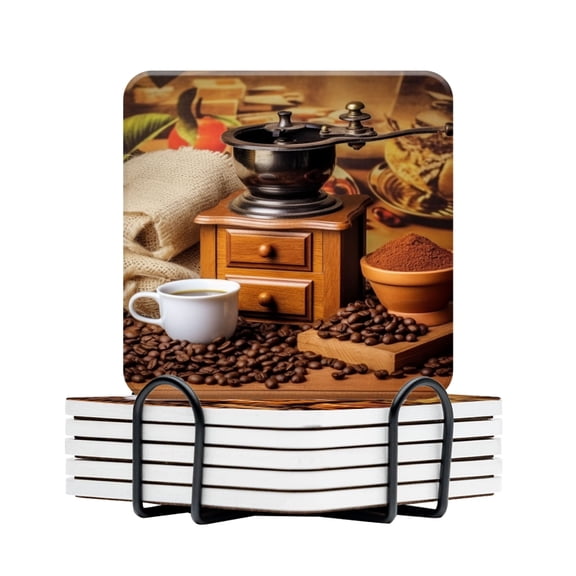 BaHomeck Drink Coasters Set Of 6 With Holder Old-Fashioned Coffee Grinder With Scattered Beans Water Absorbent Ceramic Coasters Tabletop Protection,Suitable For Various Cup,Home Decor