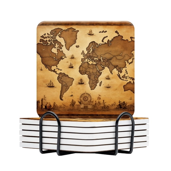 BaHomeck Drink Coasters Set Of 6 With Holder Old Nautical Map Water Absorbent Ceramic Coasters Tabletop Protection,Suitable For Various Cup,Home Decor