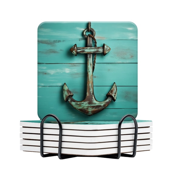 BaHomeck Drink Coasters Set Of 6 With Holder Old Rustic Anchor Hanging On Aged Turquoise Wooden Wall Water Absorbent Ceramic Coasters Tabletop Protection,Suitable For Various Cup,Home Decor