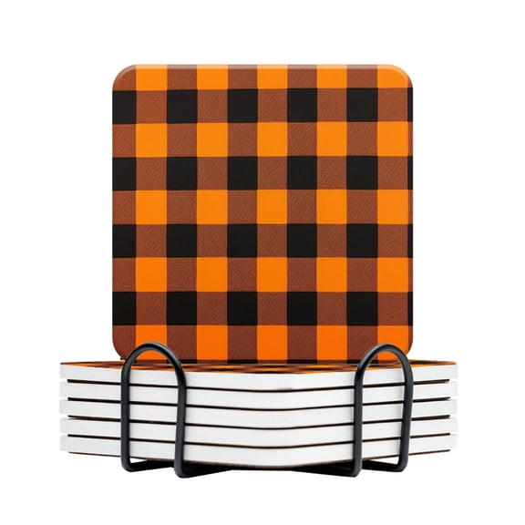 BaHomeck Drink Coasters Set Of 6 With Holder Orange And Black Checkered Pattern Water Absorbent Ceramic Coasters Tabletop Protection,Suitable For Various Cup,Home Decor