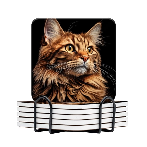 BaHomeck Drink Coasters Set Of 6 With Holder Orange-Brown Maine Cat Fur Long And Fluffy Water Absorbent Ceramic Coasters Tabletop Protection,Suitable For Various Cup,Home Decor