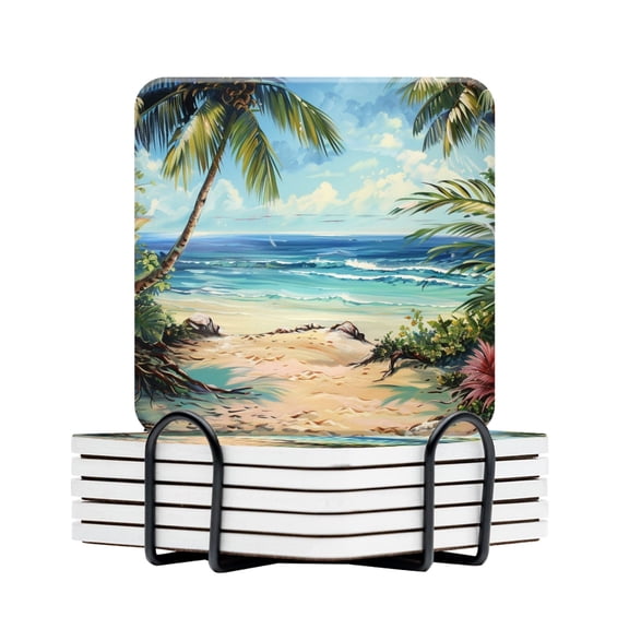 BaHomeck Drink Coasters Set Of 6 With Holder Painting Of The Beach In The Style Of Christian Lassen Water Absorbent Ceramic Coasters Tabletop Protection,Suitable For Various Cup,Home Decor