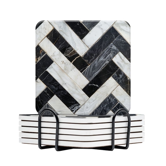 BaHomeck Drink Coasters Set Of 6 With Holder Pattern Made Of Black And Gray Marble Tiles Water Absorbent Ceramic Coasters Tabletop Protection,Suitable For Various Cup,Home Decor