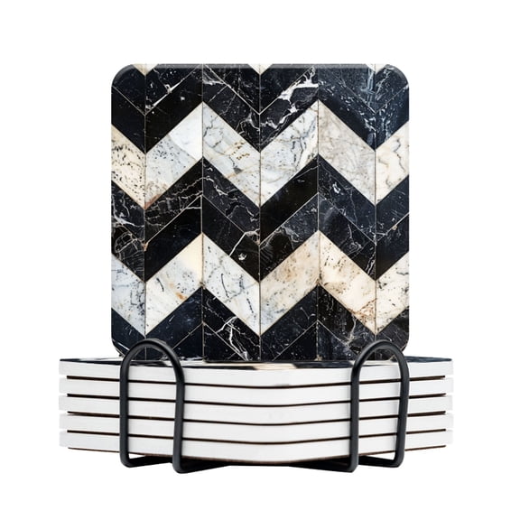 BaHomeck Drink Coasters Set Of 6 With Holder Pattern Made Of Black And White Marble Tiles Water Absorbent Ceramic Coasters Tabletop Protection,Suitable For Various Cup,Home Decor