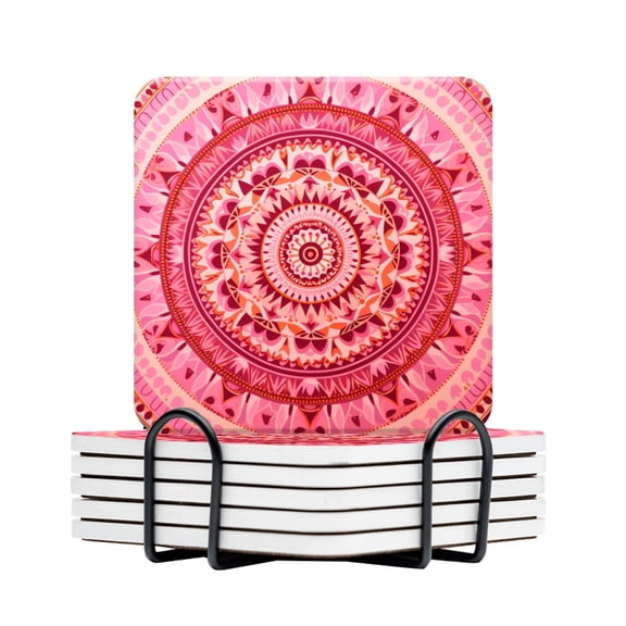 BaHomeck Drink Coasters Set Of 6 With Holder Pink And Red Circular Patterned Indian With Mandala Water Absorbent Ceramic Coasters Tabletop Protection,Suitable For Various Cup,Home Decor