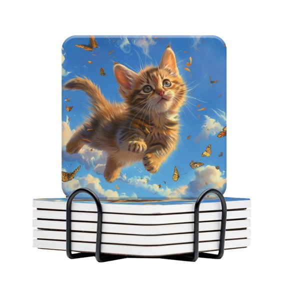 BaHomeck Drink Coasters Set Of 6 With Holder Playful Kitten With Fur Brown And Golden In Color Water Absorbent Ceramic Coasters Tabletop Protection,Suitable For Various Cup,Home Decor