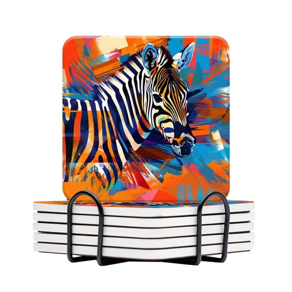 BaHomeck Drink Coasters Set Of 6 With Holder Pop Art-Inspired Digital Painting Of African Zebra Water Absorbent Ceramic Coasters Tabletop Protection,Suitable For Various Cup,Home Decor