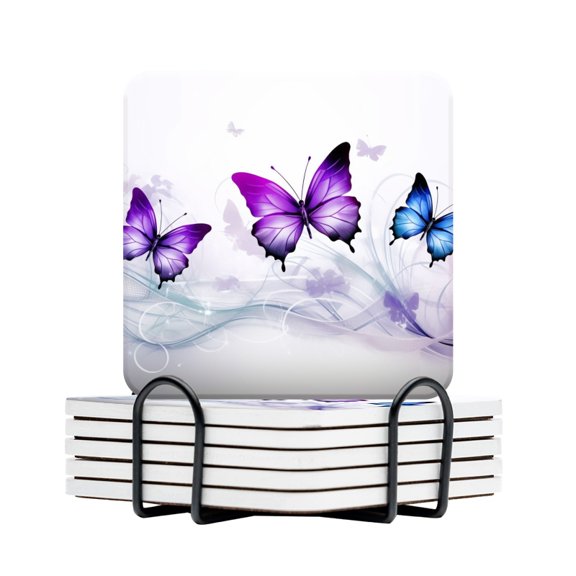 BaHomeck Drink Coasters Set Of 6 With Holder Purple Butterflies Flying With Swirls Of Light Grey Water Absorbent Ceramic Coasters Tabletop Protection,Suitable For Various Cup,Home Decor