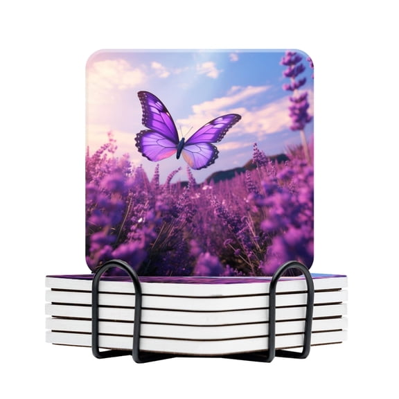 BaHomeck Drink Coasters Set Of 6 With Holder Purple Butterfly Flying Over A Field Of Lavender Flowers Water Absorbent Ceramic Coasters Tabletop Protection,Suitable For Various Cup,Home Decor