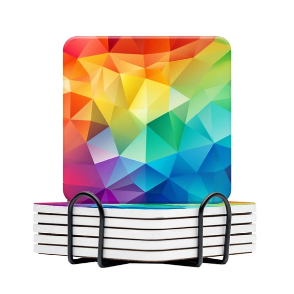 BaHomeck Drink Coasters Set Of 6 With Holder Rainbow Color Low Poly Triangles Water Absorbent Ceramic Coasters Tabletop Protection,Suitable For Various Cup,Home Decor