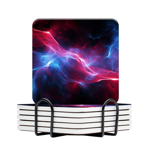 BaHomeck Drink Coasters Set Of 6 With Holder Red And Blue Glowing Energy Waves With Dark Background Water Absorbent Ceramic Coasters Tabletop Protection,Suitable For Various Cup,Home Decor