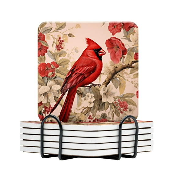 BaHomeck Drink Coasters Set Of 6 With Holder Red Cardinal Bird Perched On Elegant Floral Patterned Water Absorbent Ceramic Coasters Tabletop Protection,Suitable For Various Cup,Home Decor