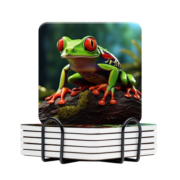 BaHomeck Drink Coasters Set Of 6 With Holder Red-Eyed Tree Frog Sitting On Mossy Log In Jungle Background Water Absorbent Ceramic Coasters Tabletop Protection,Suitable For Various Cup,Home Decor