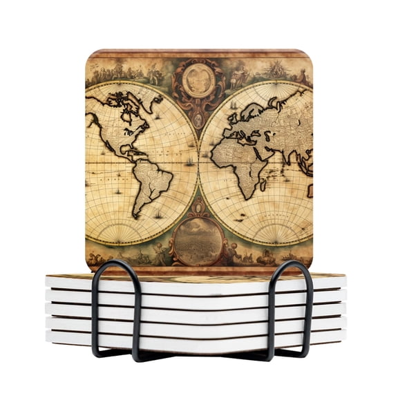BaHomeck Drink Coasters Set Of 6 With Holder Retro World Map With Decorative Borders And Aged Paper Texture Water Absorbent Ceramic Coasters Tabletop Protection,Suitable For Various Cup,Home Decor