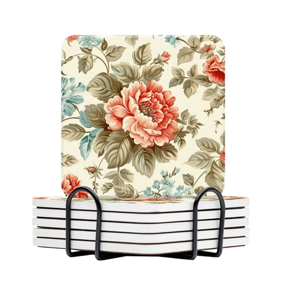 BaHomeck Drink Coasters Set Of 6 With Holder Rococo Floral Pattern With Soft Colors Water Absorbent Ceramic Coasters Tabletop Protection,Suitable For Various Cup,Home Decor