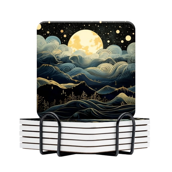 BaHomeck Drink Coasters Set Of 6 With Holder Rolling Hills Under The Moonlight Water Absorbent Ceramic Coasters Tabletop Protection,Suitable For Various Cup,Home Decor
