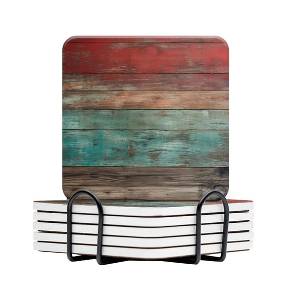 BaHomeck Drink Coasters Set Of 6 With Holder Rustic Wood Wall With A Gradient Of Red, Teal, And Brown Colors Water Absorbent Ceramic Coasters Tabletop Protection,Suitable For Various Cup,Home Decor