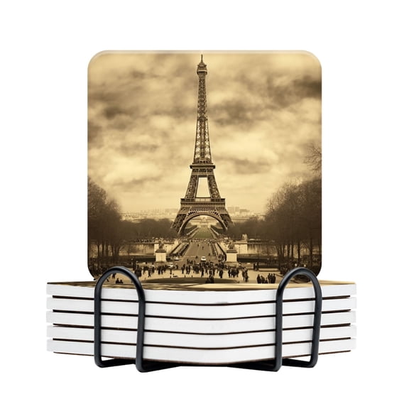 BaHomeck Drink Coasters Set Of 6 With Holder Sepia-Toned Photograph Captures The Eiffel Tower In Paris Water Absorbent Ceramic Coasters Tabletop Protection,Suitable For Various Cup,Home Decor