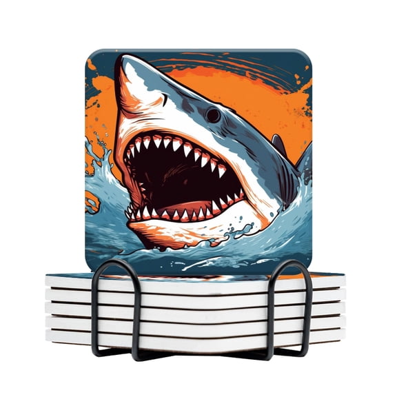 BaHomeck Drink Coasters Set Of 6 With Holder Shark With Open Mouth And Large Teeth Water Absorbent Ceramic Coasters Tabletop Protection,Suitable For Various Cup,Home Decor