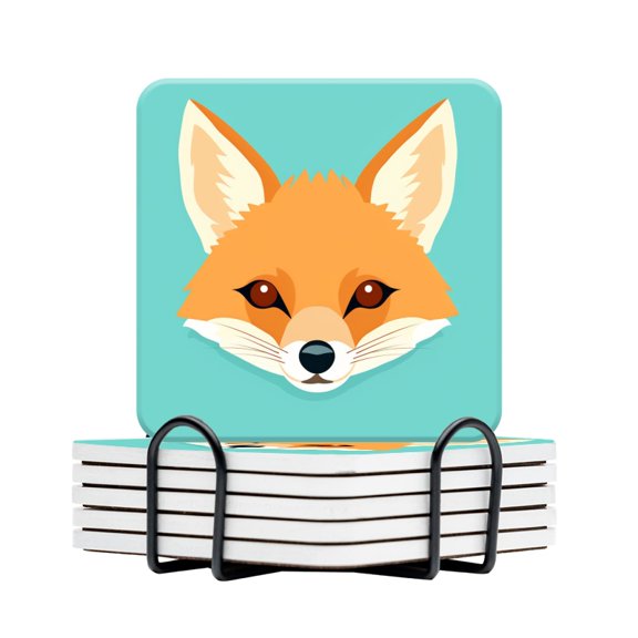 BaHomeck Drink Coasters Set Of 6 With Holder Simple Flat Illustration Of Cute Fox Head Water Absorbent Ceramic Coasters Tabletop Protection,Suitable For Various Cup,Home Decor