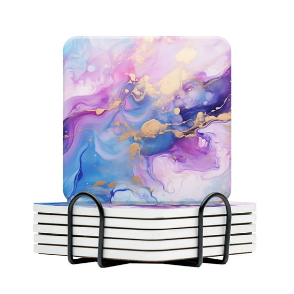 BaHomeck Drink Coasters Set Of 6 With Holder Soft And Dreamy Swirling Patterns Water Absorbent Ceramic Coasters Tabletop Protection,Suitable For Various Cup,Home Decor