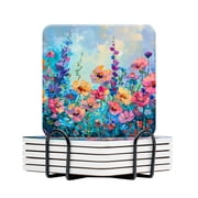 BaHomeck Drink Coasters Set Of 6 With Holder Spring Color Palette Of Sky Blue And Purple Hues Water Absorbent Ceramic Coasters Tabletop Protection,Suitable For Various Cup,Home Decor