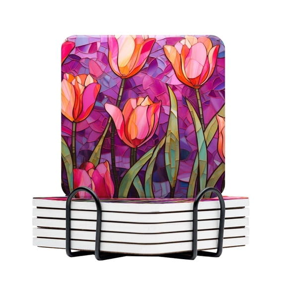 BaHomeck Drink Coasters Set Of 6 With Holder Stained Glass Tulips In Shades Of Pink And Orange Water Absorbent Ceramic Coasters Tabletop Protection,Suitable For Various Cup,Home Decor